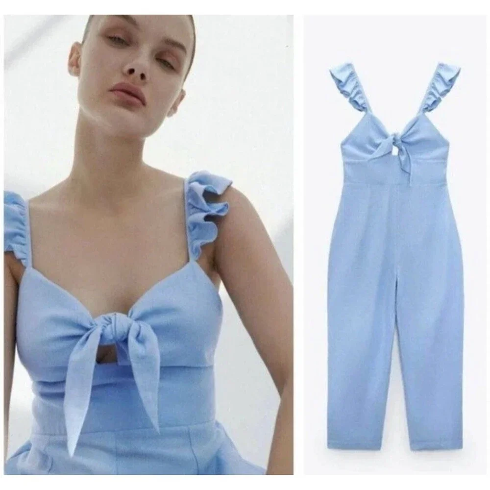 ZARA Blue Linen Blend One Piece Jumpsuit Open Tie Front Ruffle Trim Size S